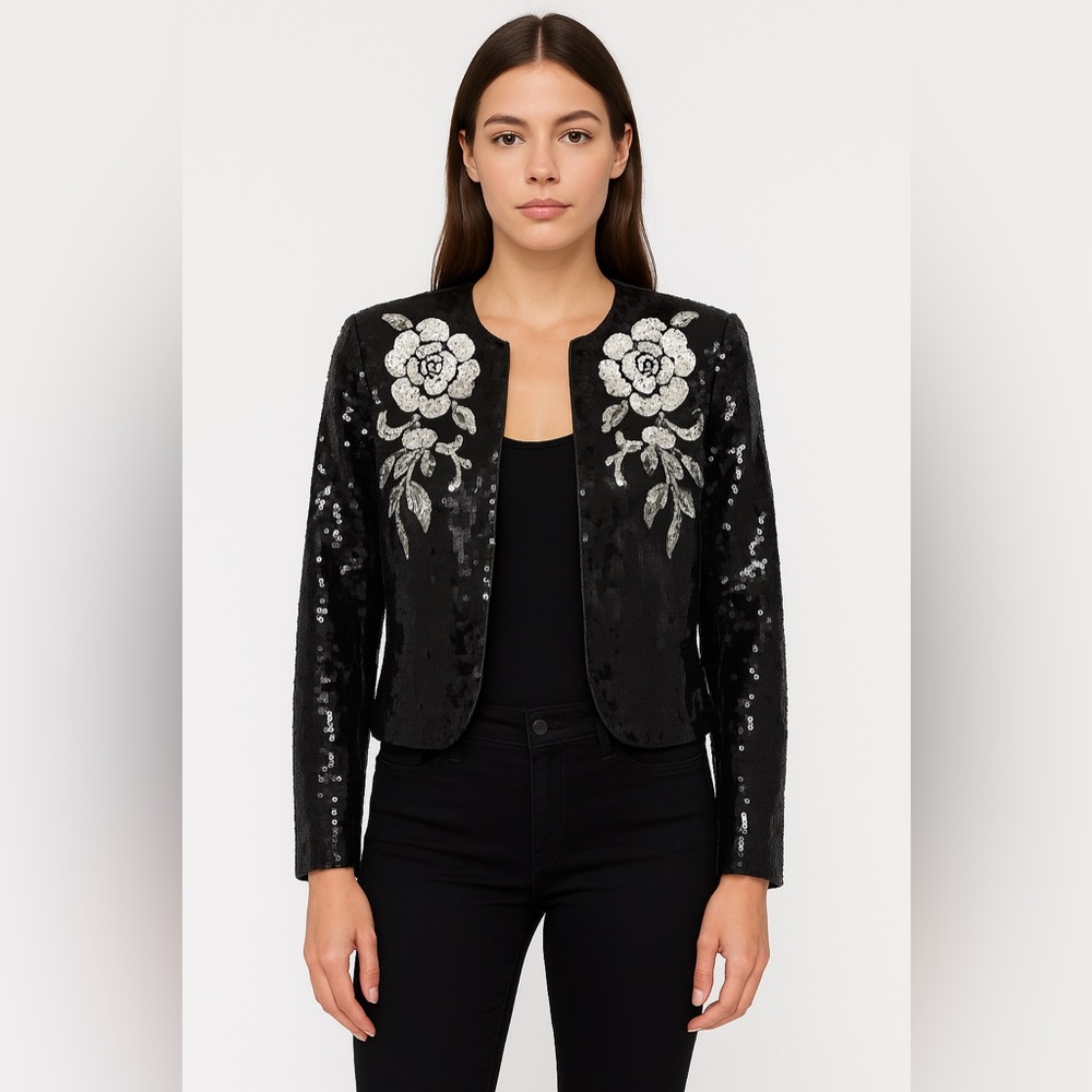 Authentic Vintage SILK Black Sequin Jacket with Floral Embroidery